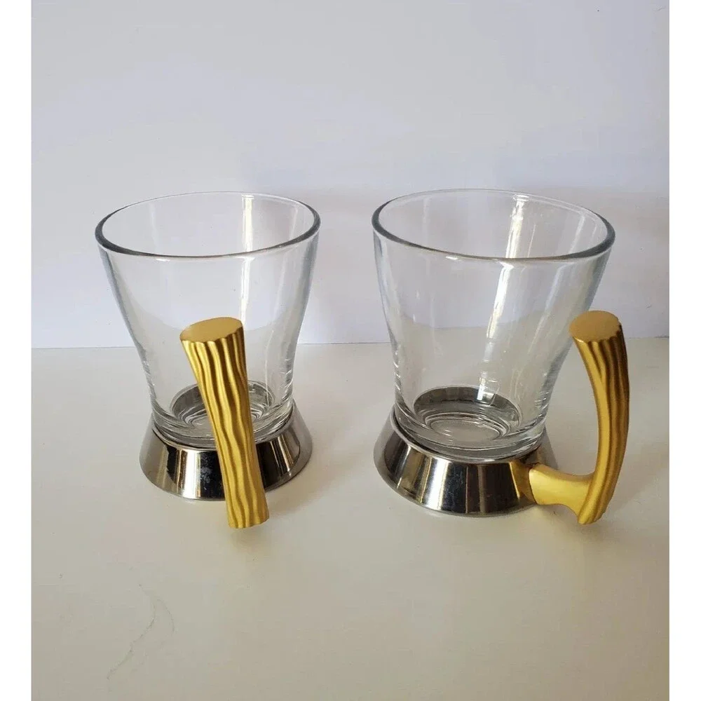 Gold & Stainless Silver MCM Glass Cups Coffee Teacups, Set of 2
